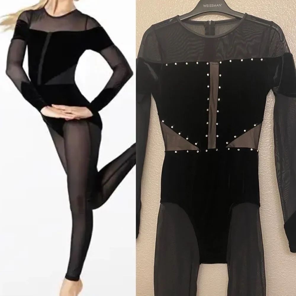 WEISSMAN Elite Dance Costume black Velvet Illusion Unitard illusion V12241 SA